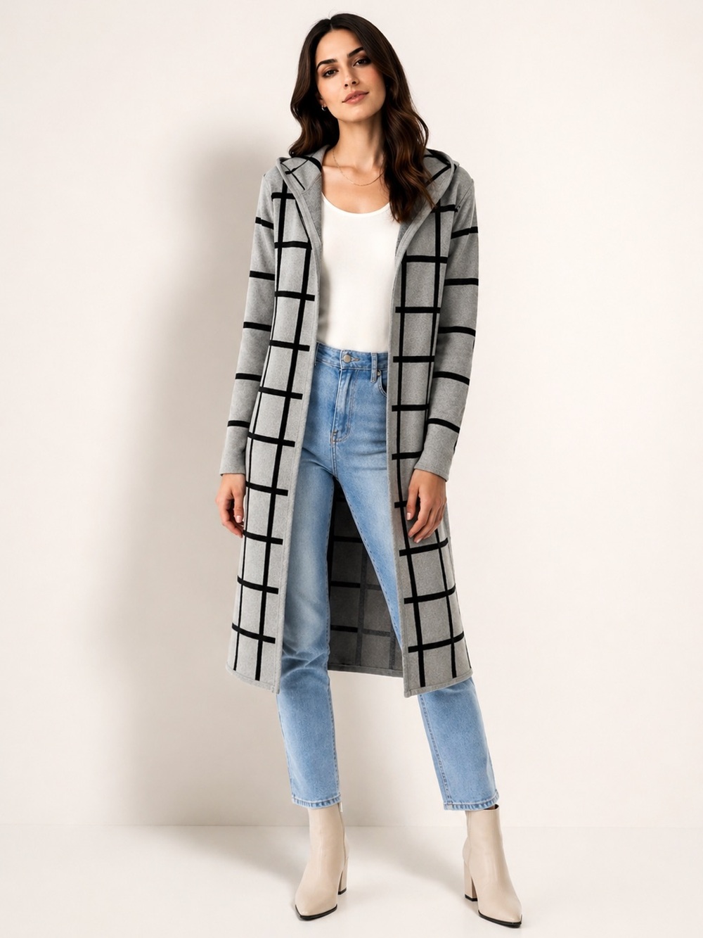 Long Hooded Grid-Pattern Cardigan - Gray/Black Size S